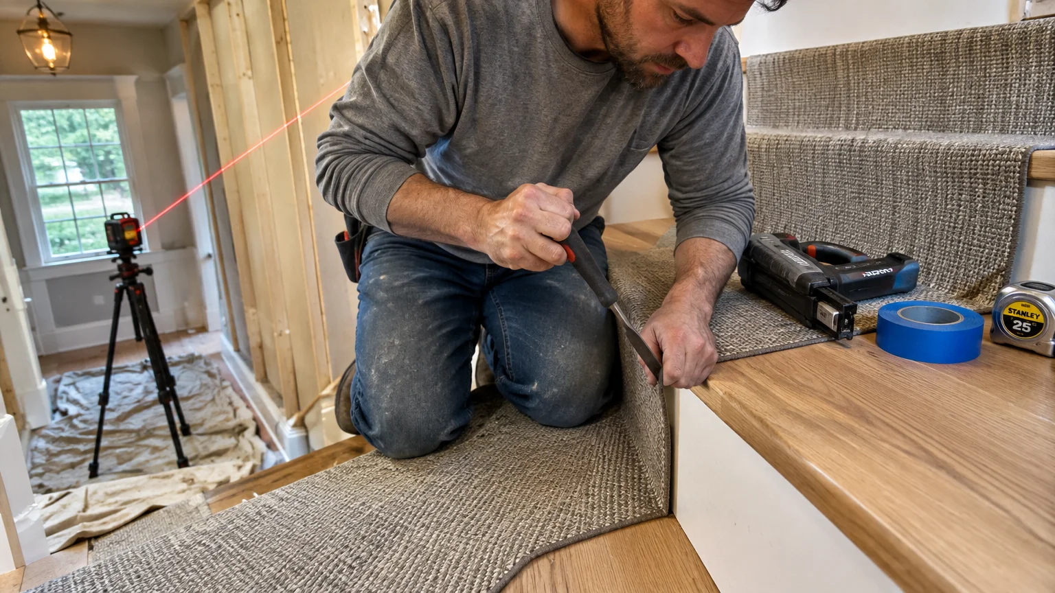 A man kneels on wooden stairs using a chisel to tuck in a grey carpet runner near a nail gun and tape.