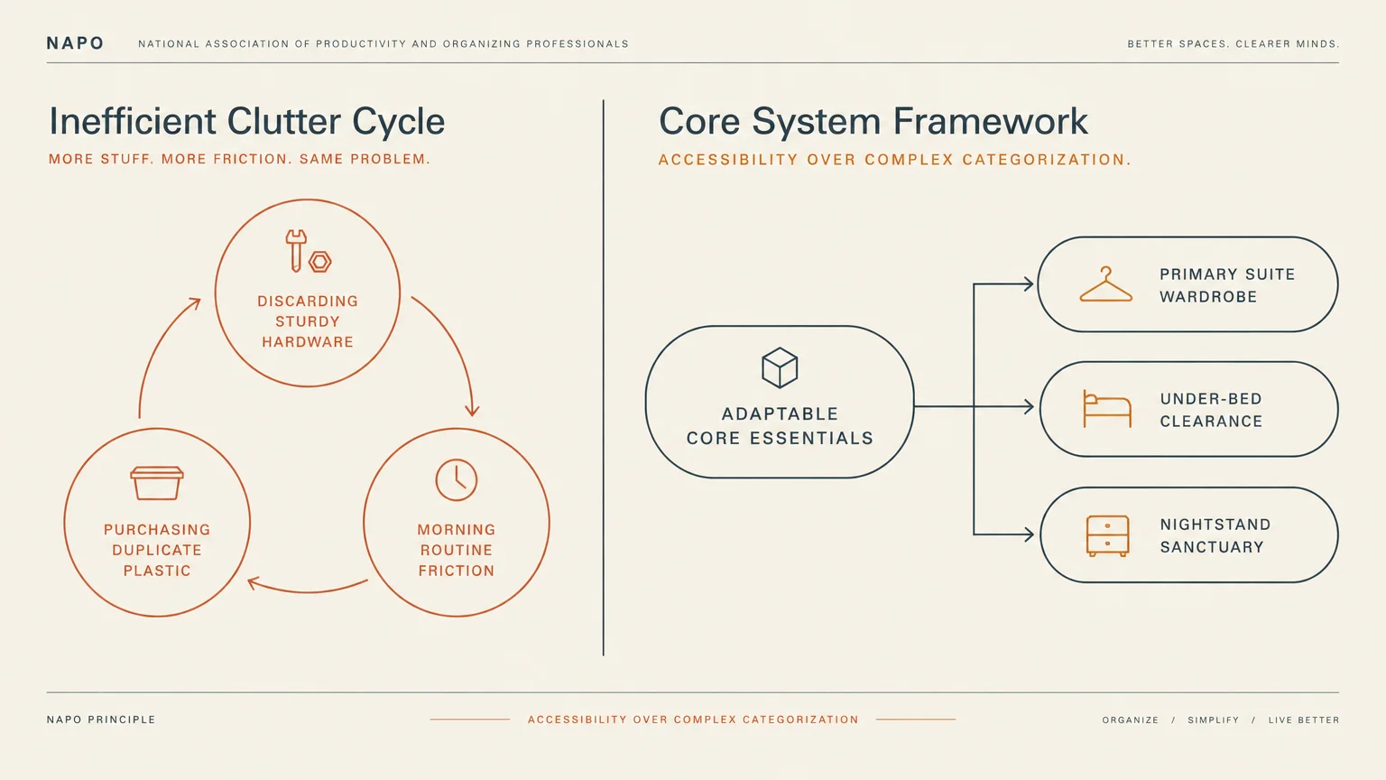 Diagram contrasting an Inefficient Clutter Cycle with a Core System Framework prioritizing accessibility over categorization.