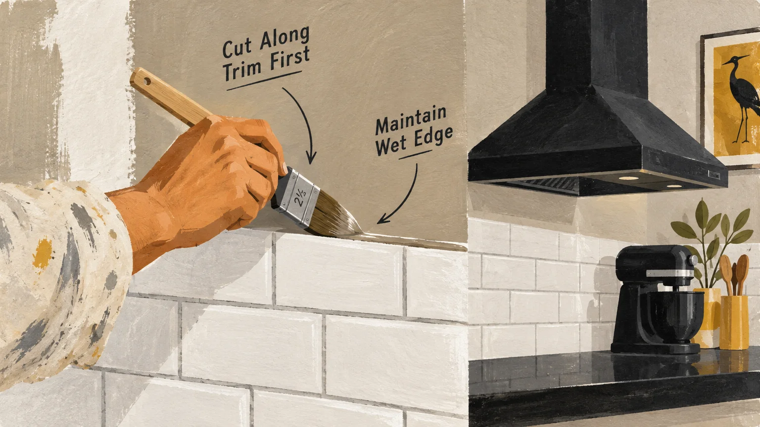 Illustration of a hand using an angled paintbrush to carefully paint beige wall color along white subway tile backsplash.