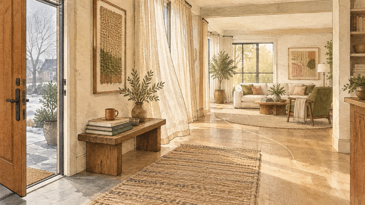 Watercolor illustration of a sunlit home entryway opening into a warm living room with a sofa and armchairs.
