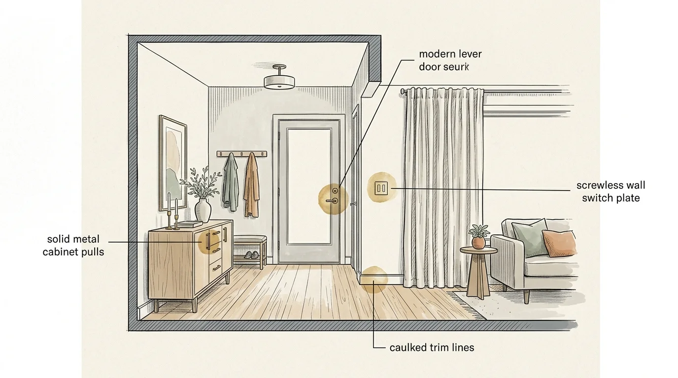 Architectural sketch of an entryway and living room with callouts for cabinet pulls, door levers, switch plates, and trim.
