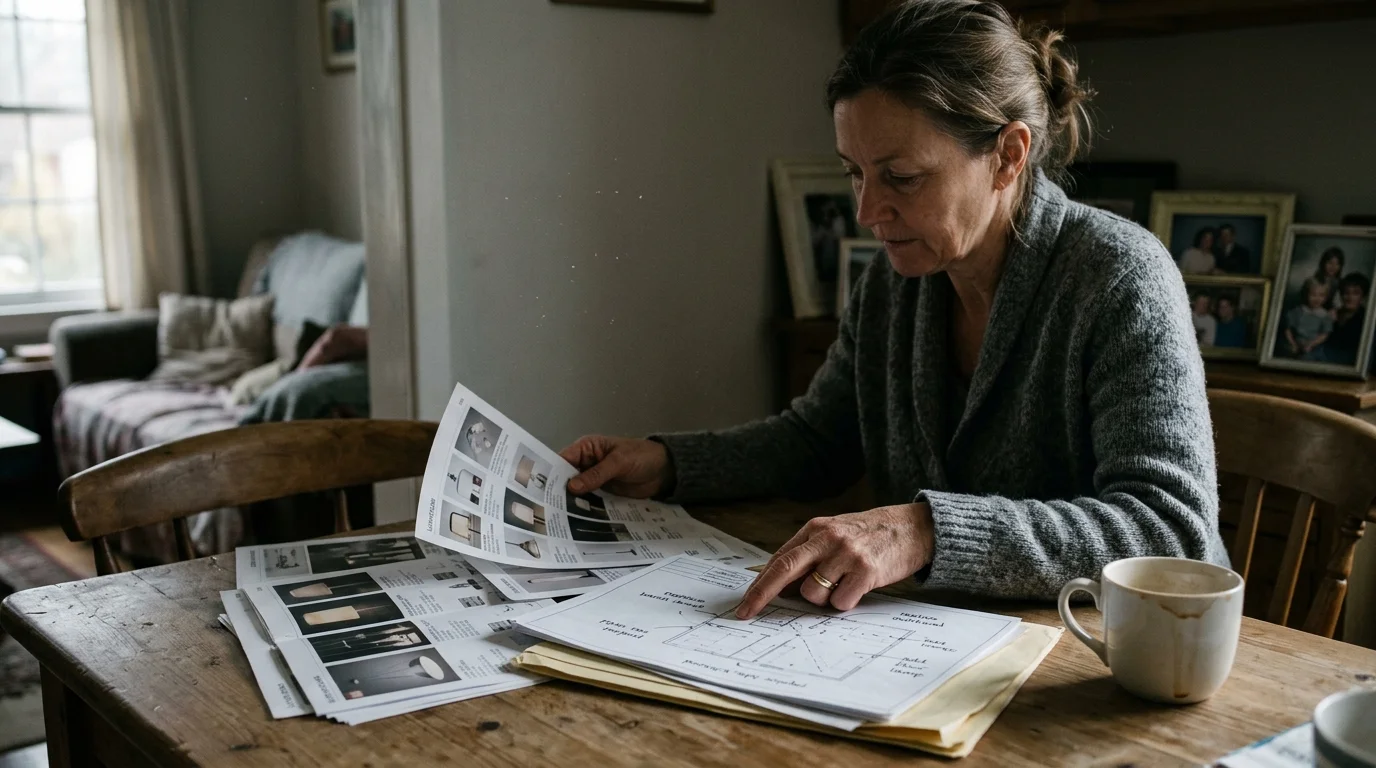 A woman sitting at a rustic wooden table reviewing architectural floor plans and lighting fixture catalogs.