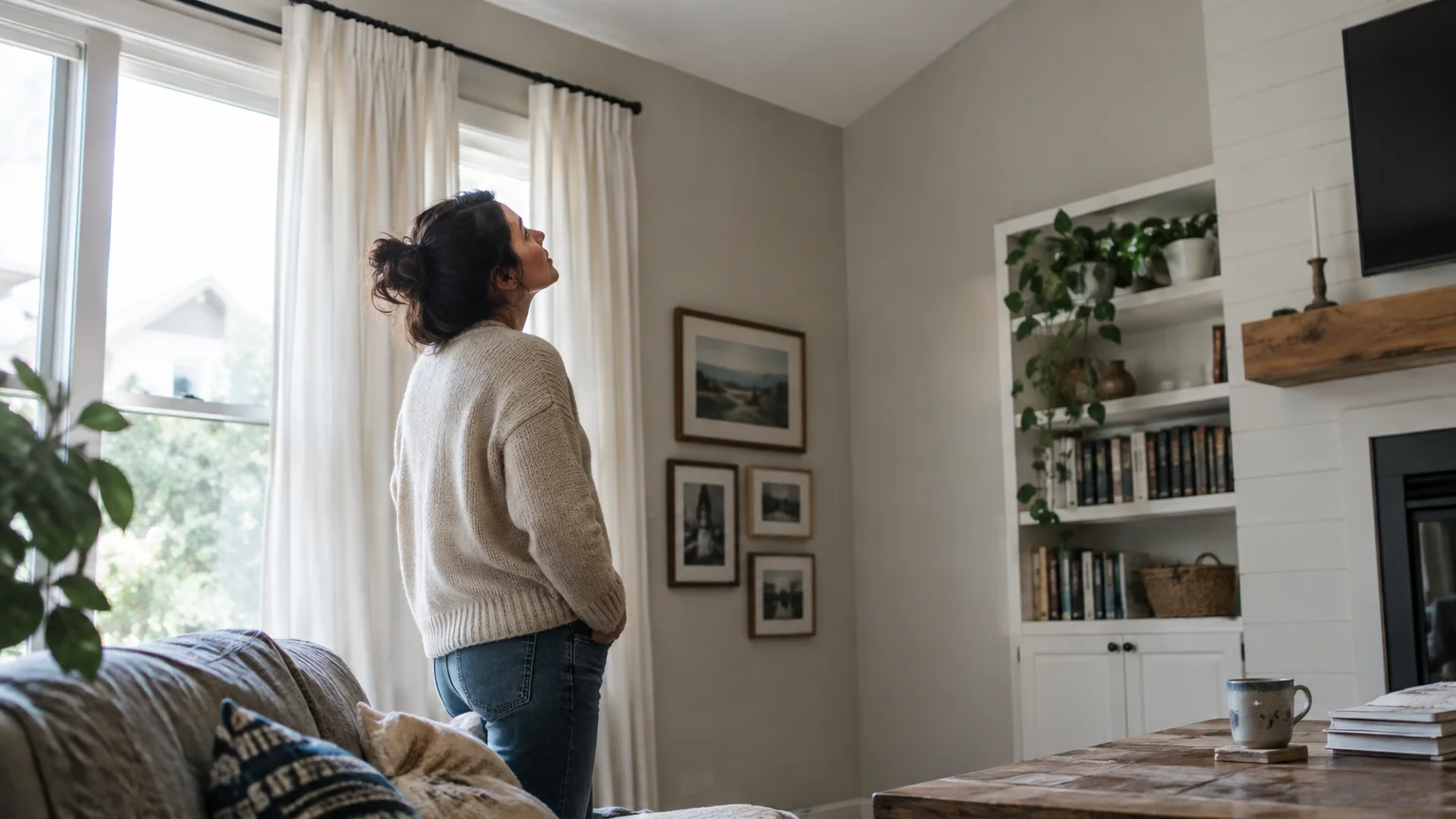 Woman in a cozy living room standing near a window with sheer curtains, looking up toward the ceiling.