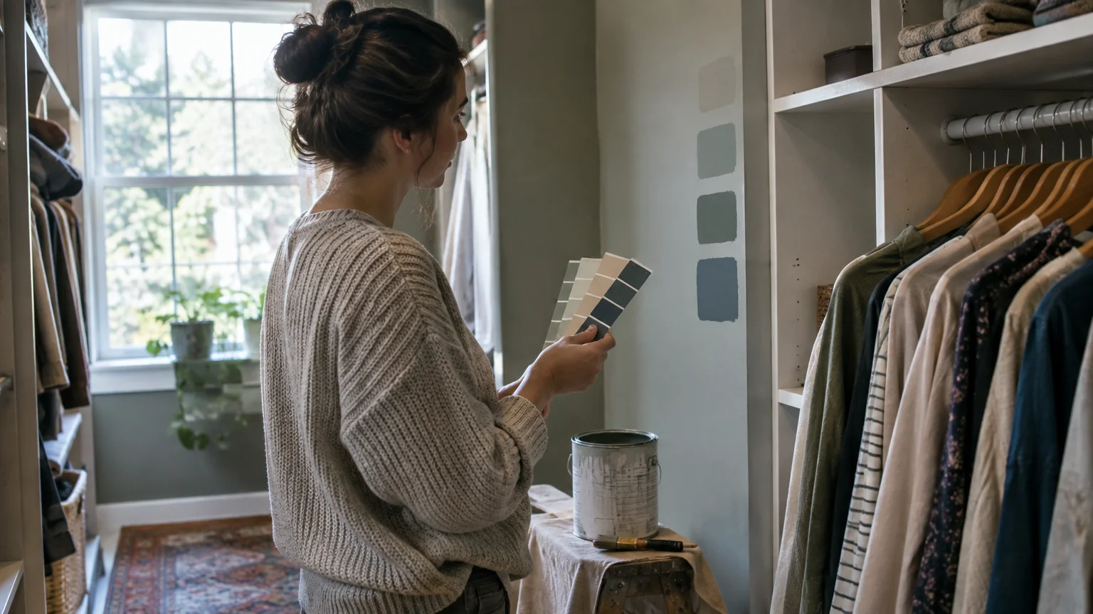 A woman holds paint swatches beside test color patches painted on a closet wall next to clothing racks.