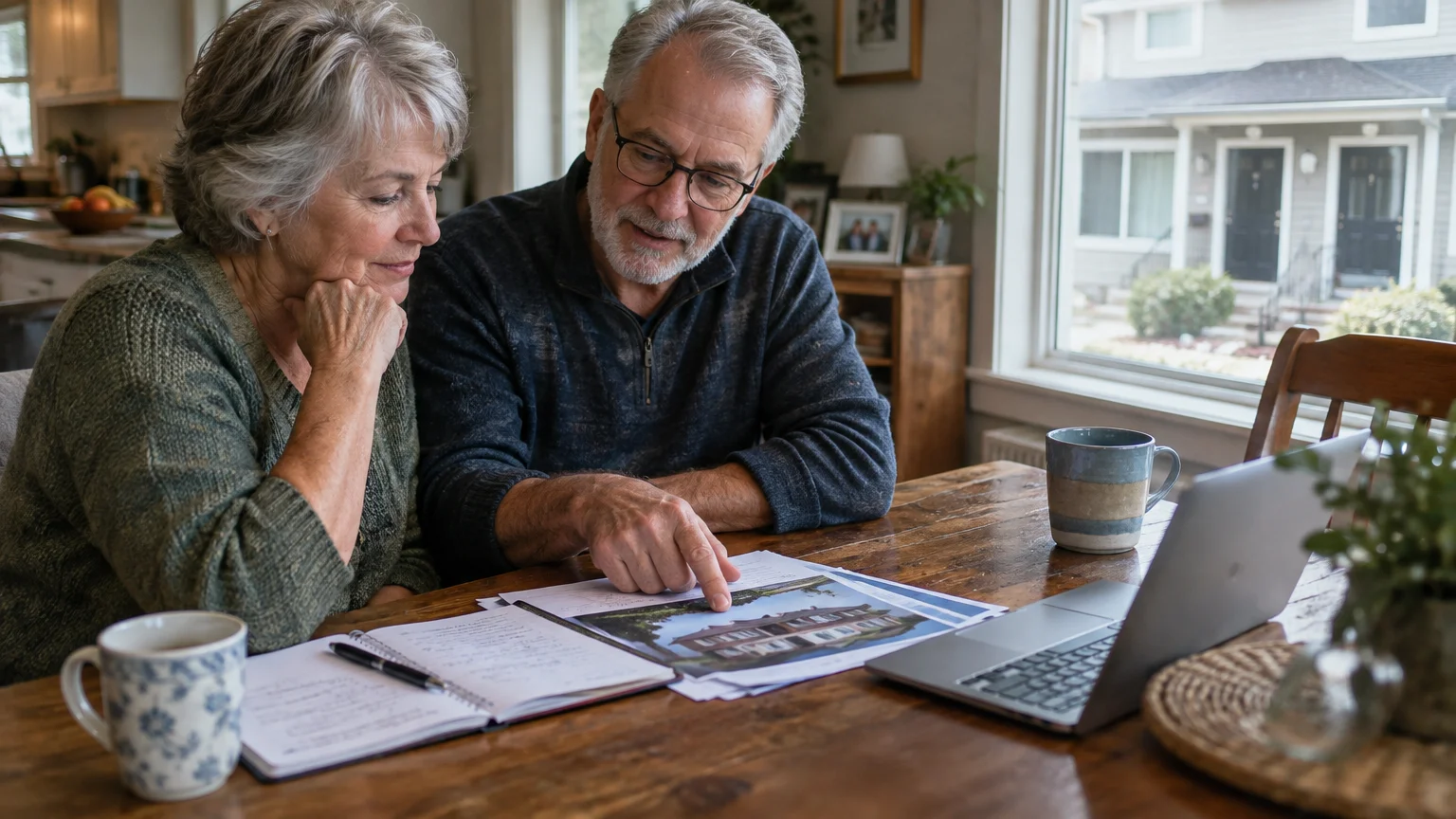 Senior couple sitting at a wooden table reviewing house photos and notes beside an open laptop.