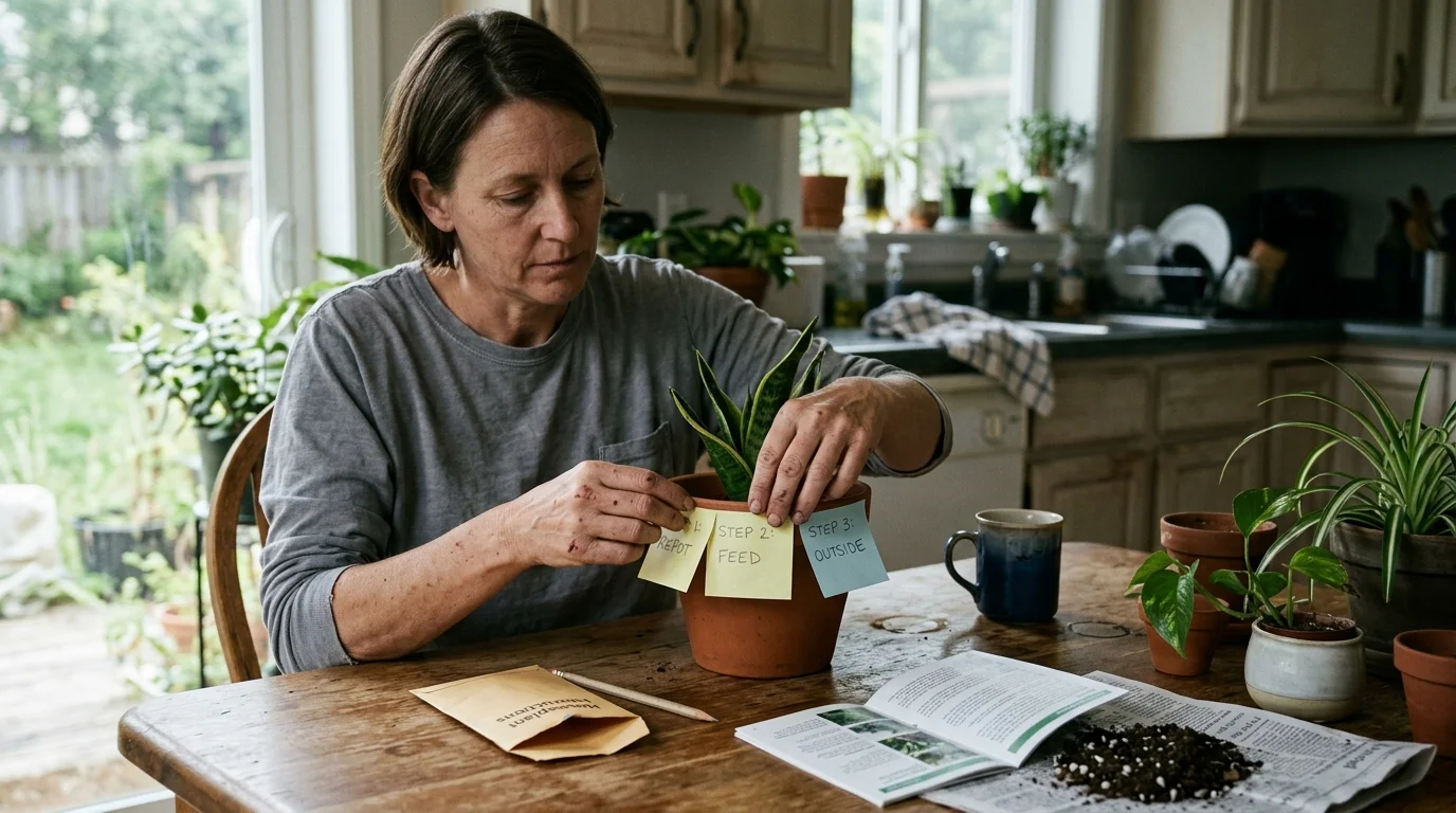 A woman sitting at a kitchen table sticks handwritten step-by-step notes onto a potted snake plant.