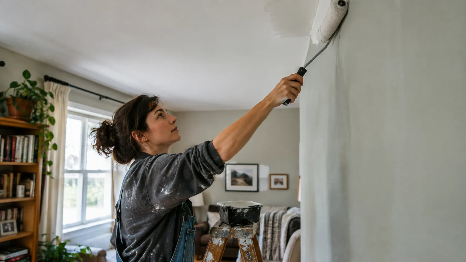 Woman standing on a step ladder using a roller to paint an interior wall near the ceiling.