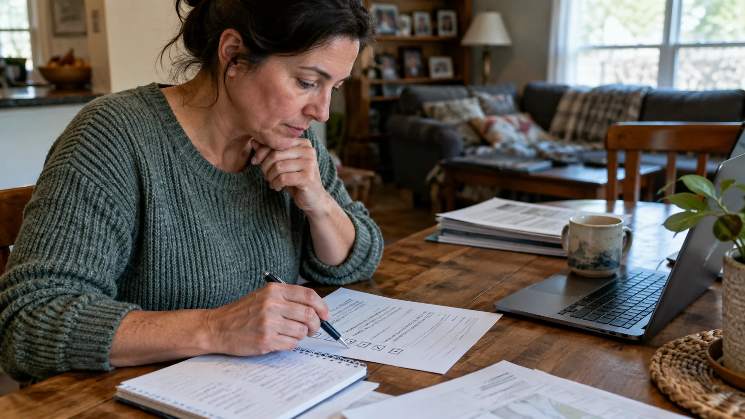 A woman sits at a wooden dining table reviewing paperwork with a pen next to an open laptop and notebook.