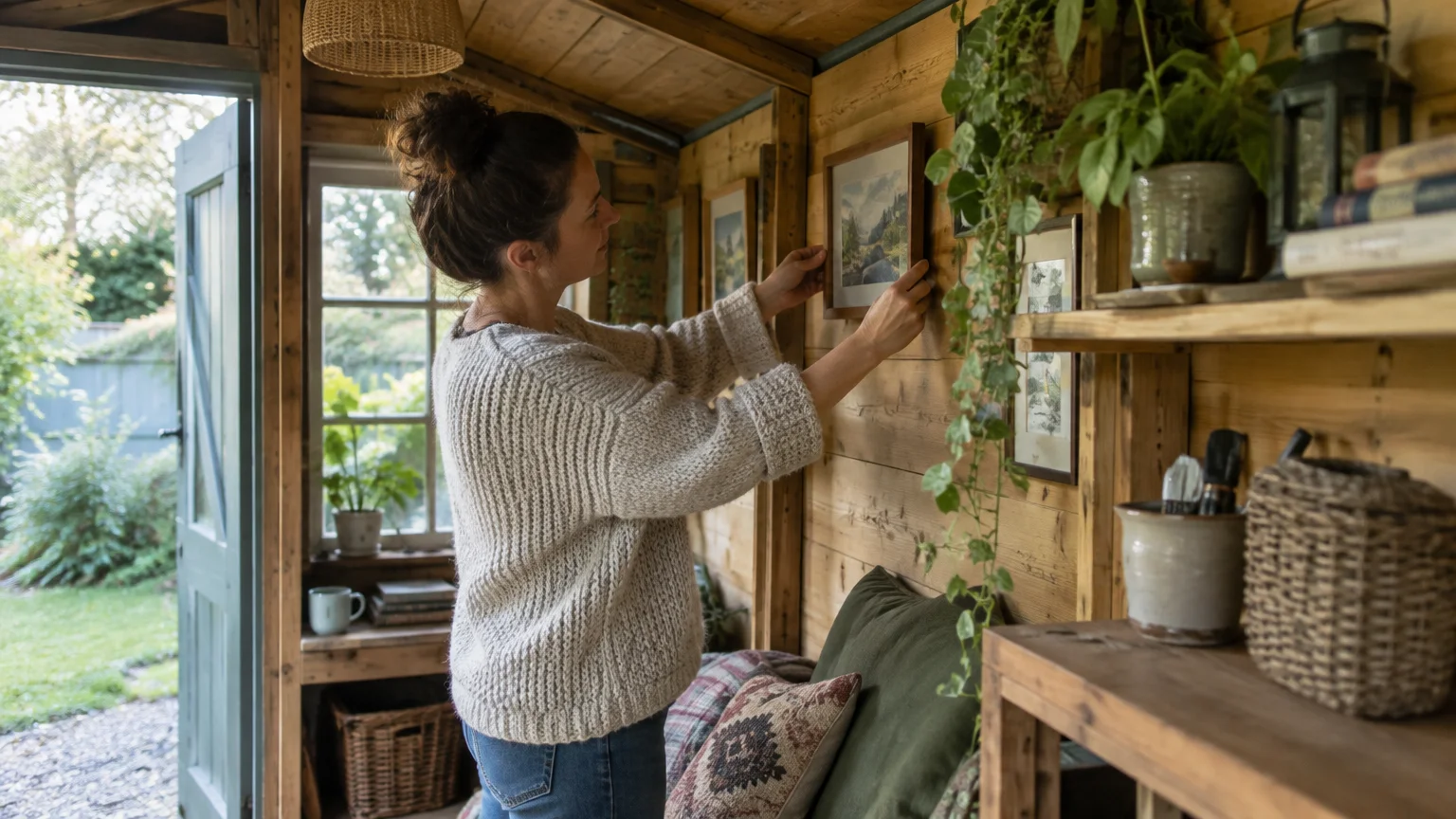 A woman in a knit sweater hangs a framed picture on the wood-paneled wall of a cozy backyard shed.