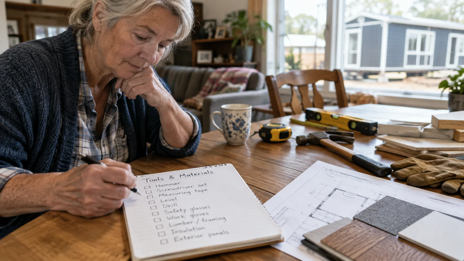 Senior woman writing a tools and materials checklist at a wooden table with blueprints, tools, and a modular home outside.