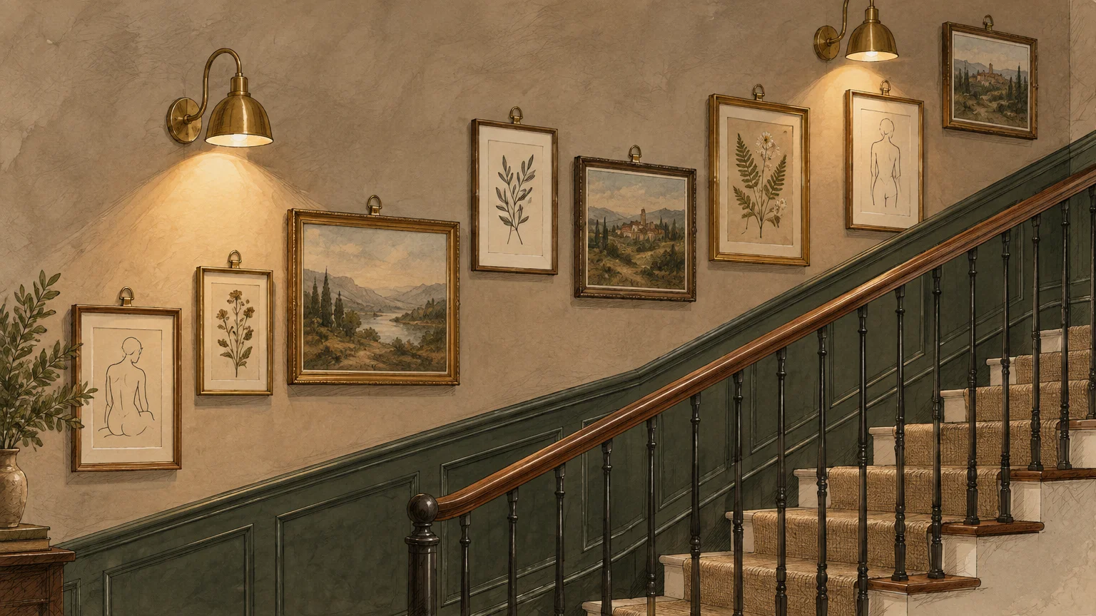 Illustration of framed art and brass sconces arranged along a staircase with green wainscoting and a wooden banister.