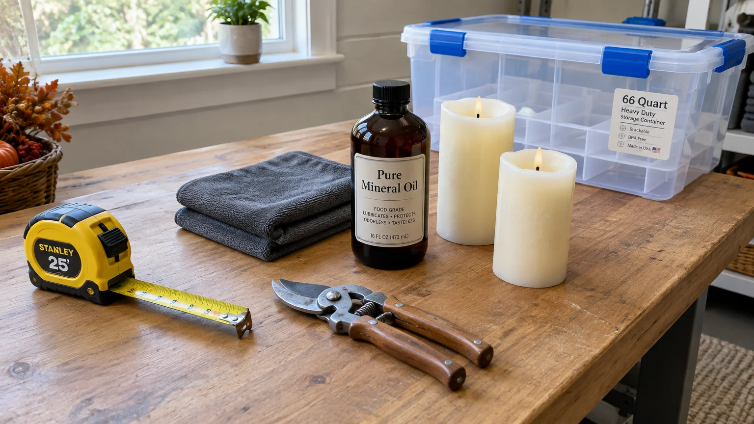 Tape measure, pruning shears, mineral oil, two lit candles, and a clear plastic storage bin on a wooden table.