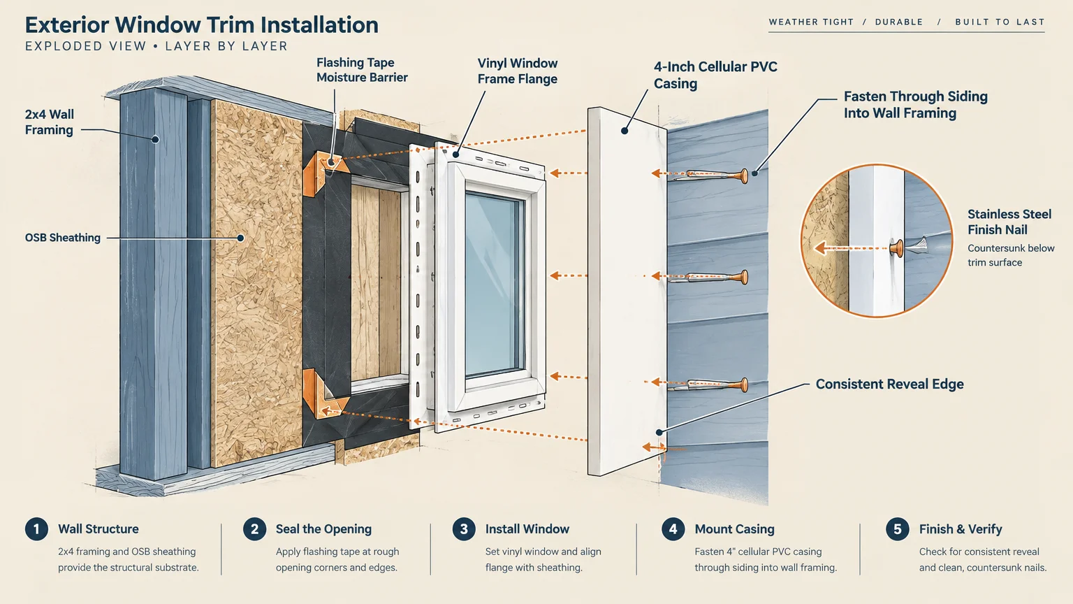 Exploded diagram of exterior window trim installation showing framing, flashing tape, vinyl window, PVC casing, and fasteners.