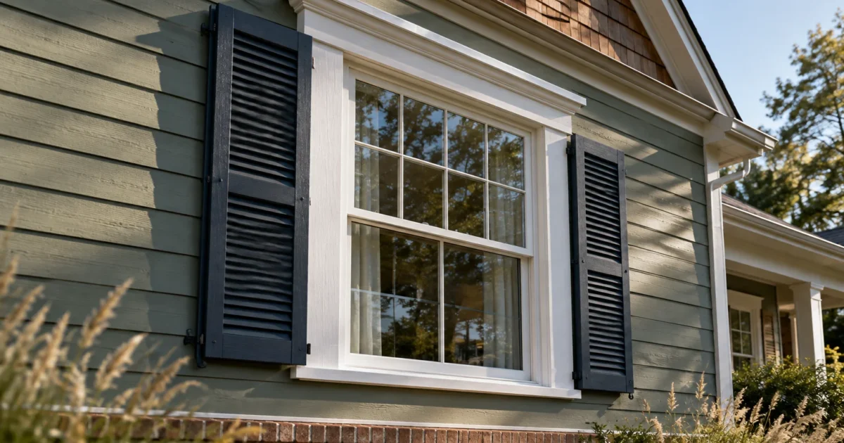 Exterior double-hung window with wide white trim and black louvered shutters on sage green horizontal lap siding.