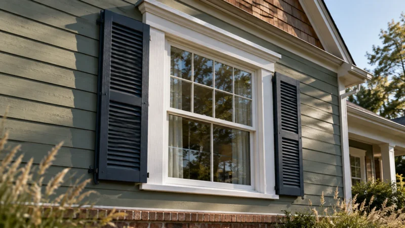 Exterior double-hung window with wide white trim and black louvered shutters on sage green horizontal lap siding.