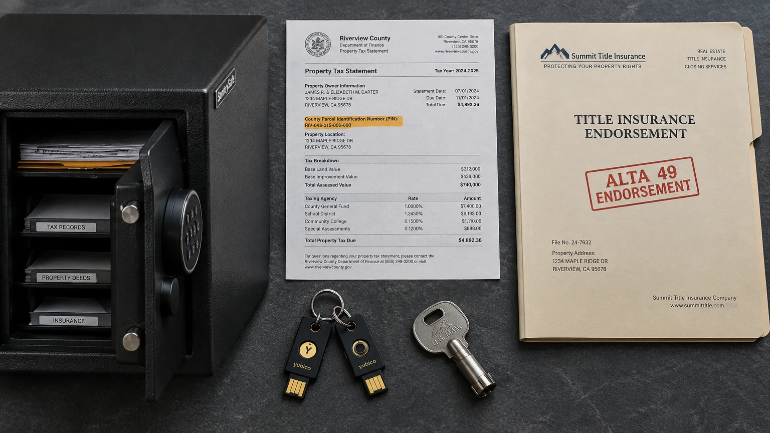 Open security safe, property tax bill with highlighted PIN, ALTA endorsement folder, YubiKeys, and mailbox key on a desk.