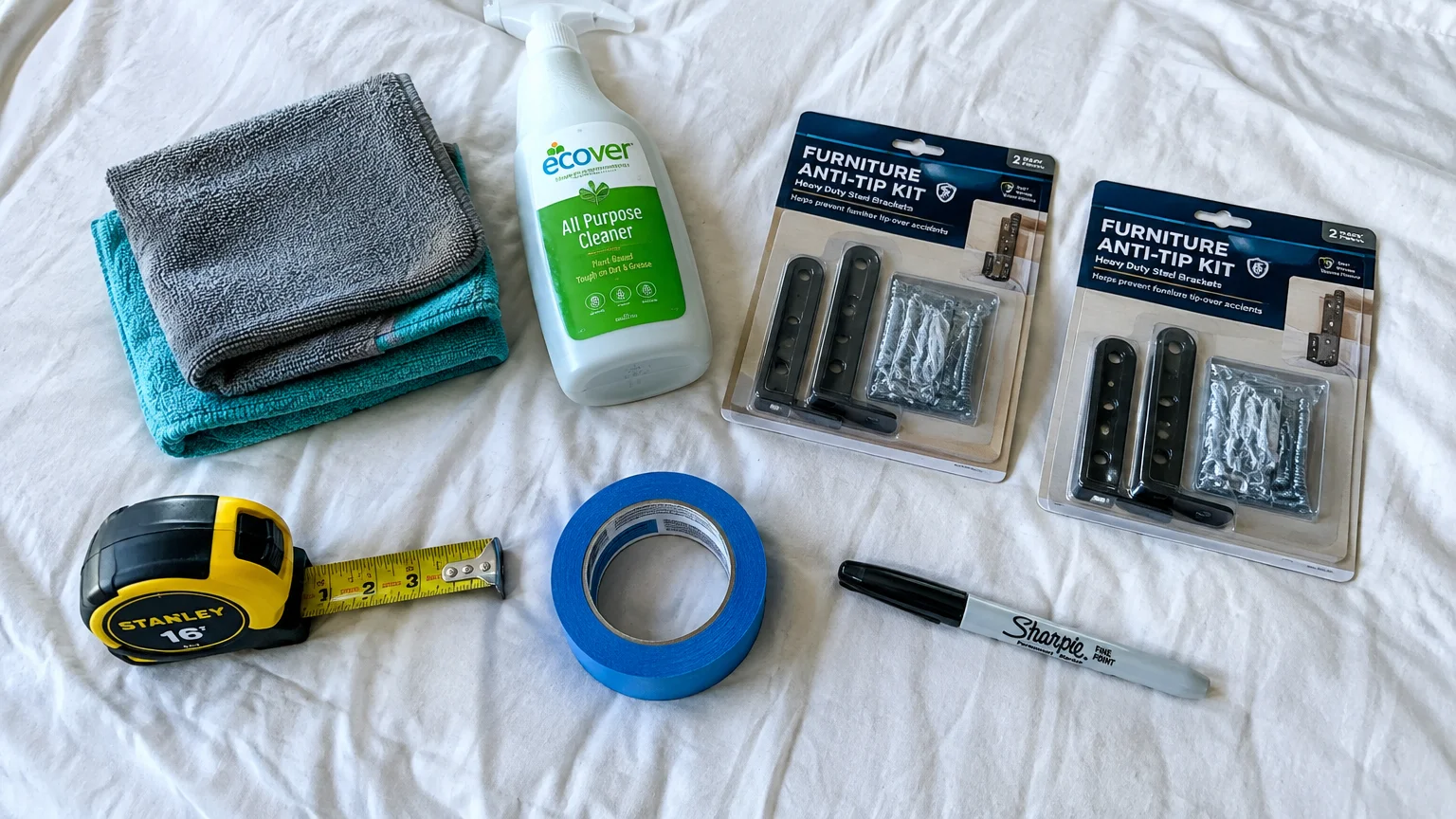 Cleaning cloths, spray cleaner, anti-tip kits, tape measure, painter's tape, and marker arranged on a white sheet.