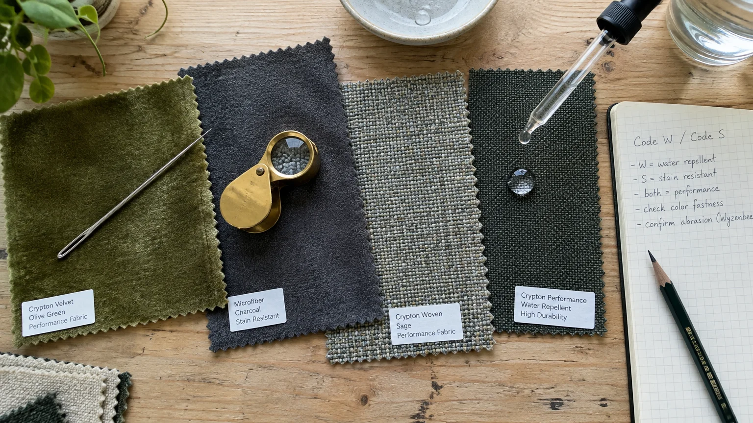Fabric swatches on wood with a darning needle, loupe, dropper testing water repellency, and notebook.