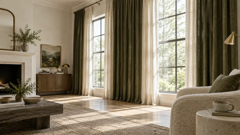 Olive green and sheer curtains frame tall grid windows in a bright living room with a fireplace and boucle armchair.