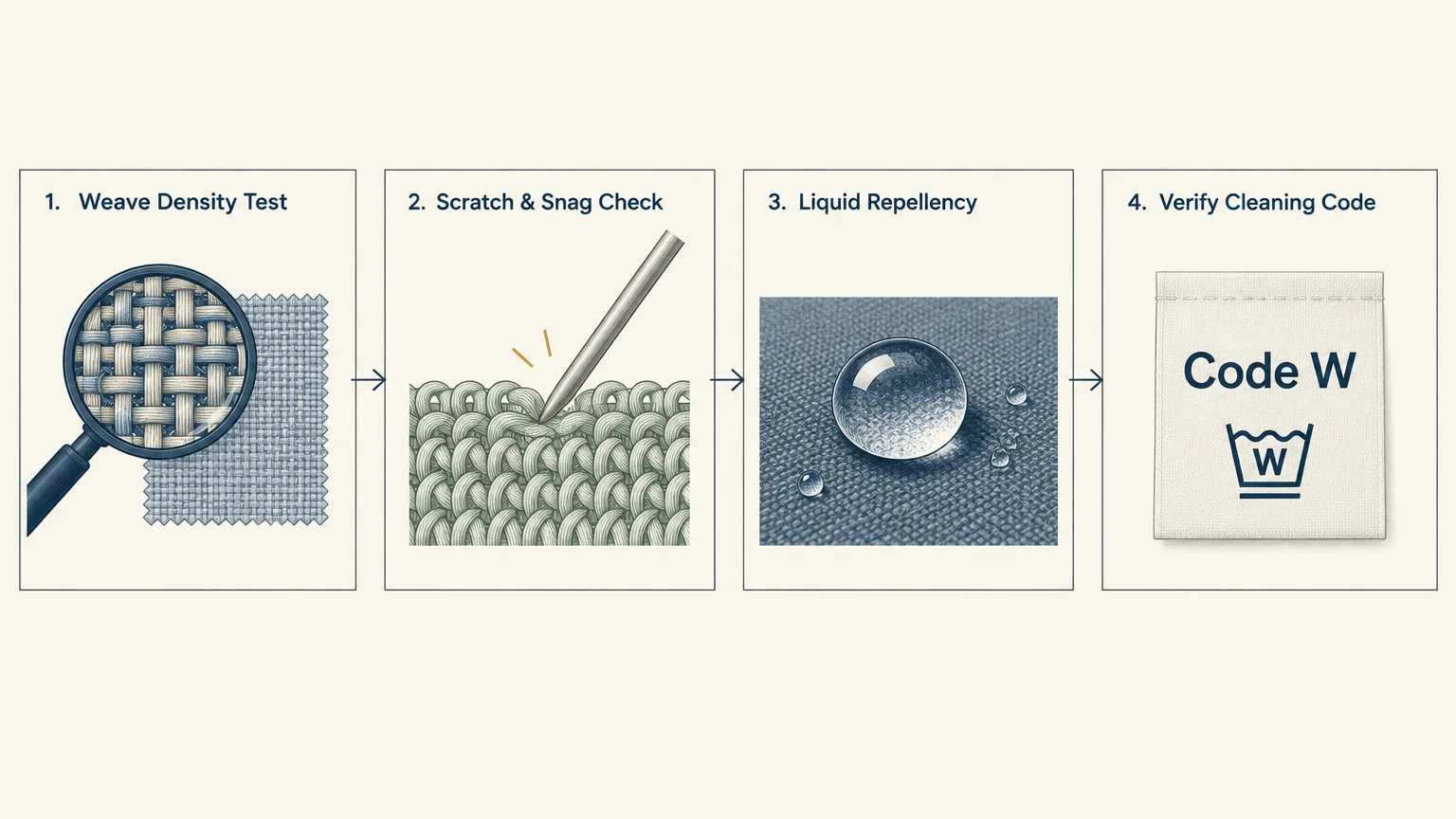 Four-step diagram showing a weave density test, scratch and snag check, liquid repellency test, and cleaning code label.