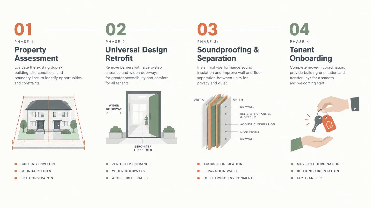 Diagram outlining four sequential duplex phases: property assessment, universal design retrofit, soundproofing, and onboarding.