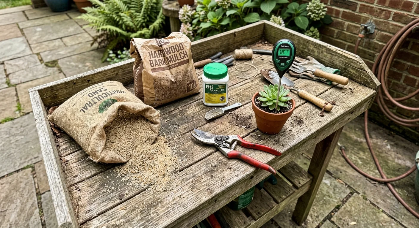 Gardening supplies, mulch, sand, Bti granules, pruners, and a potted plant arranged on a wooden potting bench.