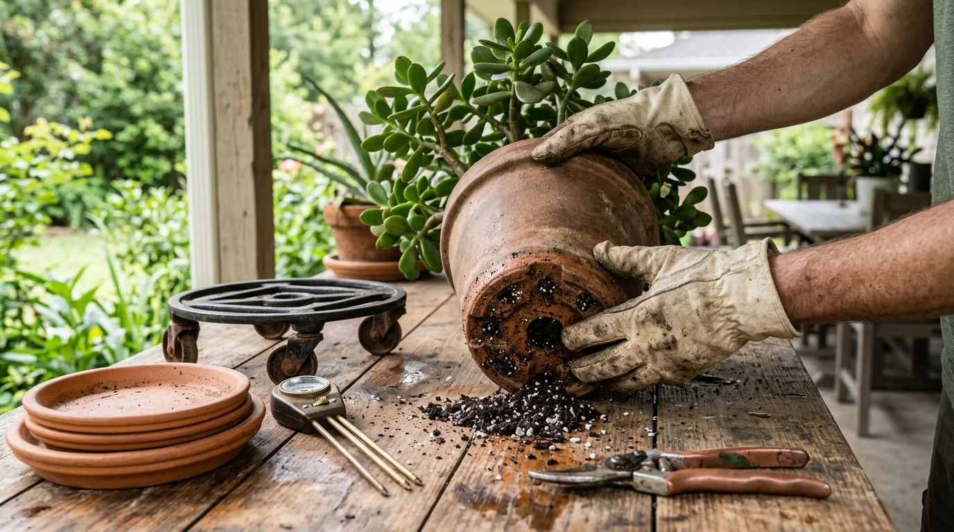 A person in work gloves tips a potted jade plant to check the bottom drainage hole on a wooden outdoor work table.