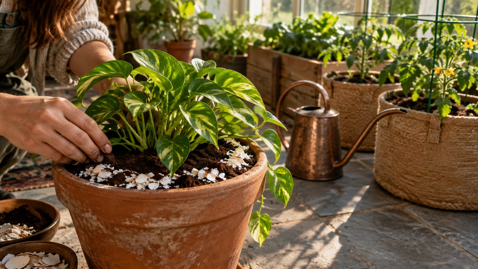 A gardener's hands adding soil and crushed eggshells around a potted pothos plant in a sunlit room.