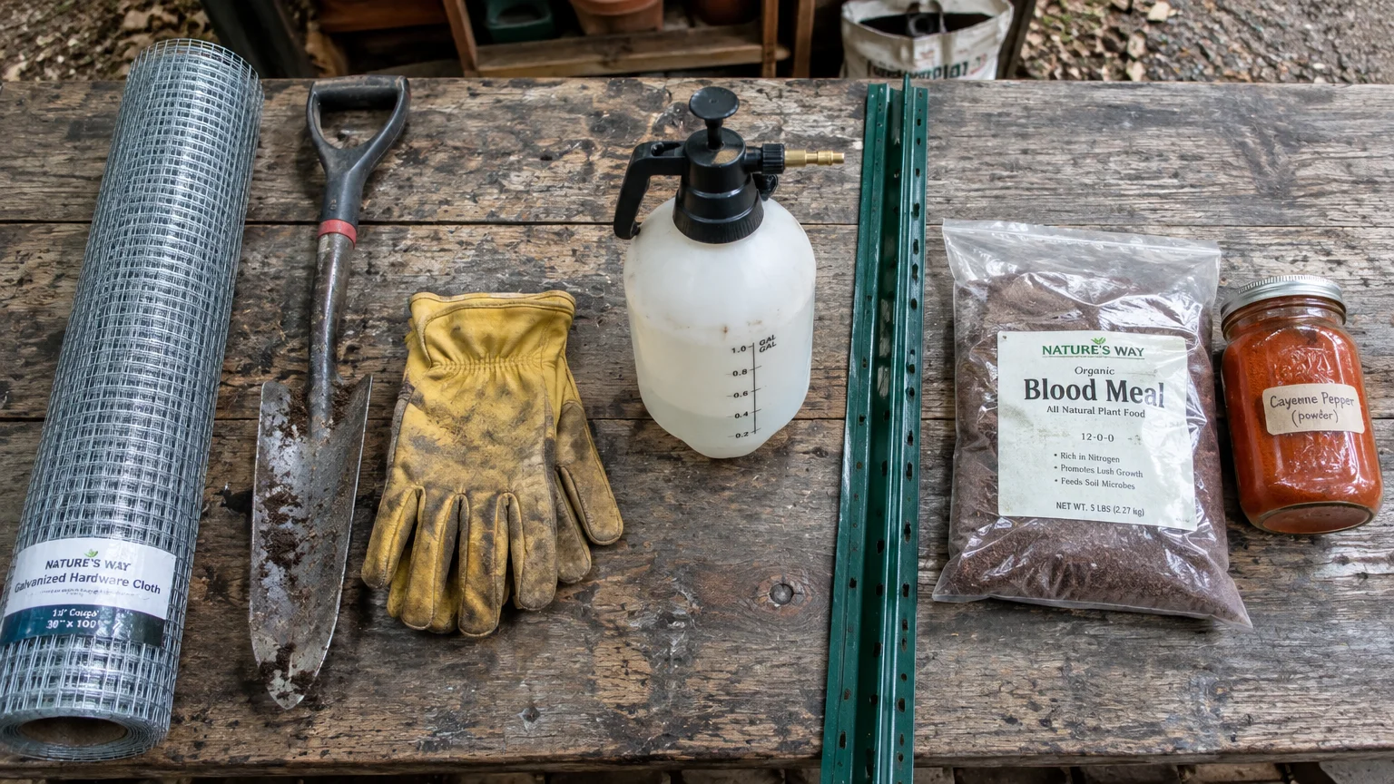 Garden supplies including a wire mesh roll, narrow spade, work gloves, pump sprayer, metal stakes, blood meal, and cayenne pepper.