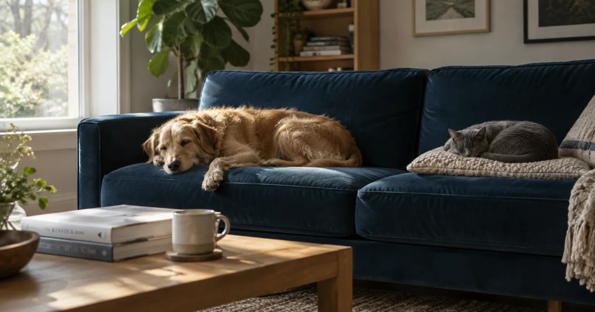 A golden dog and a grey cat nap comfortably on a dark blue velvet sofa in a sunlit living room.