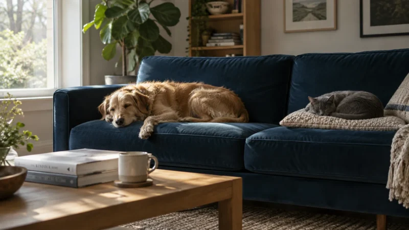 A golden dog and a grey cat nap comfortably on a dark blue velvet sofa in a sunlit living room.