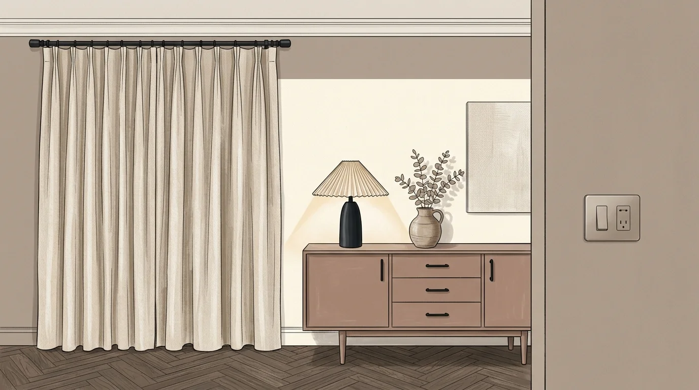 Illustration of pleated curtains, a wooden sideboard with a lamp, herringbone floors, and a wall switch plate.