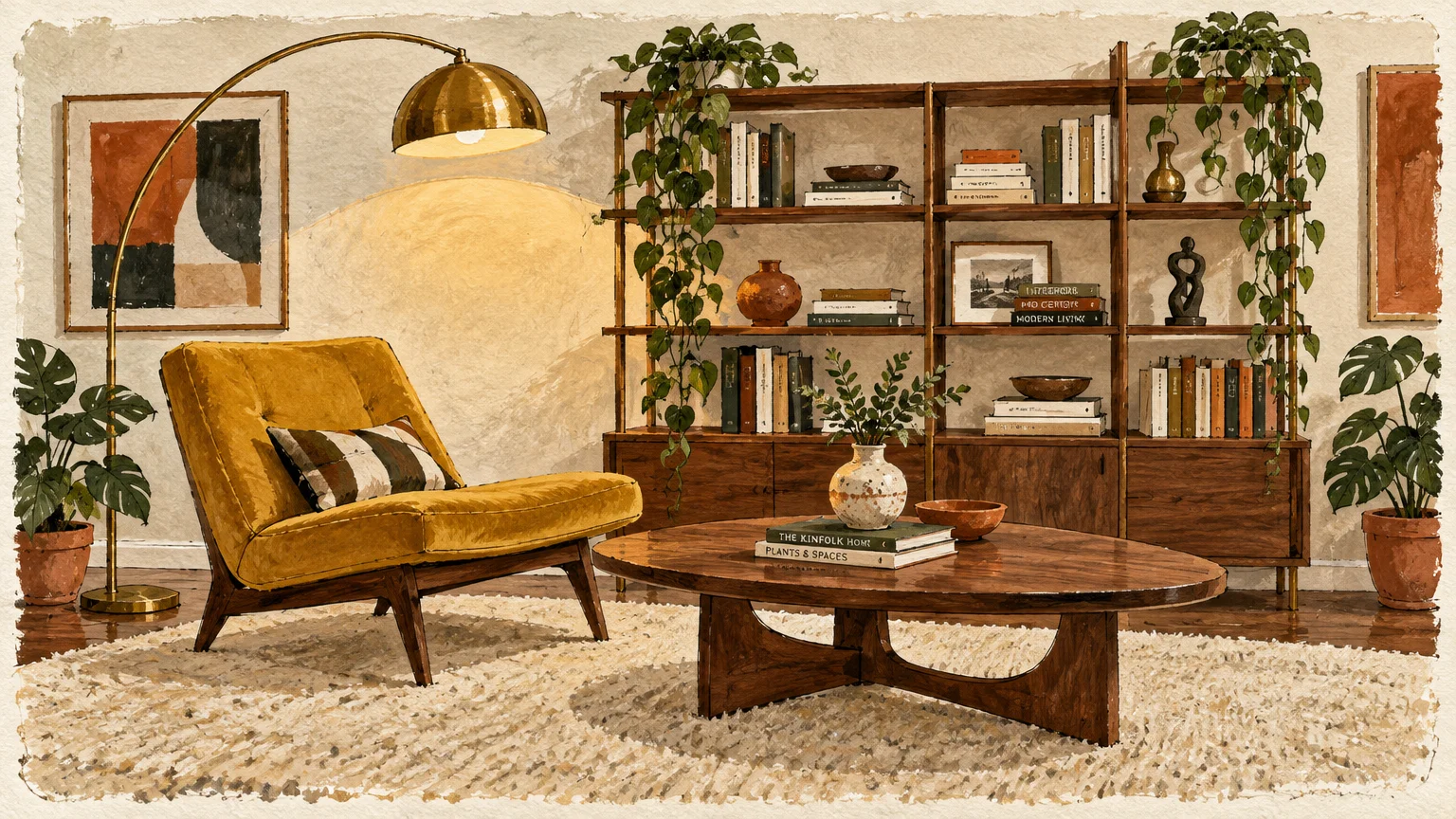 Mid-century modern living room illustration with a yellow armchair, arched brass floor lamp, and wooden bookshelf.