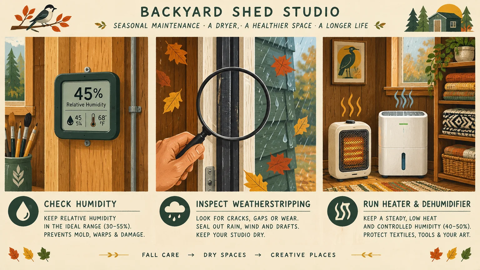 Three-panel fall maintenance infographic showing a wall hygrometer, magnifying glass inspecting weatherstripping, and a space heater with de