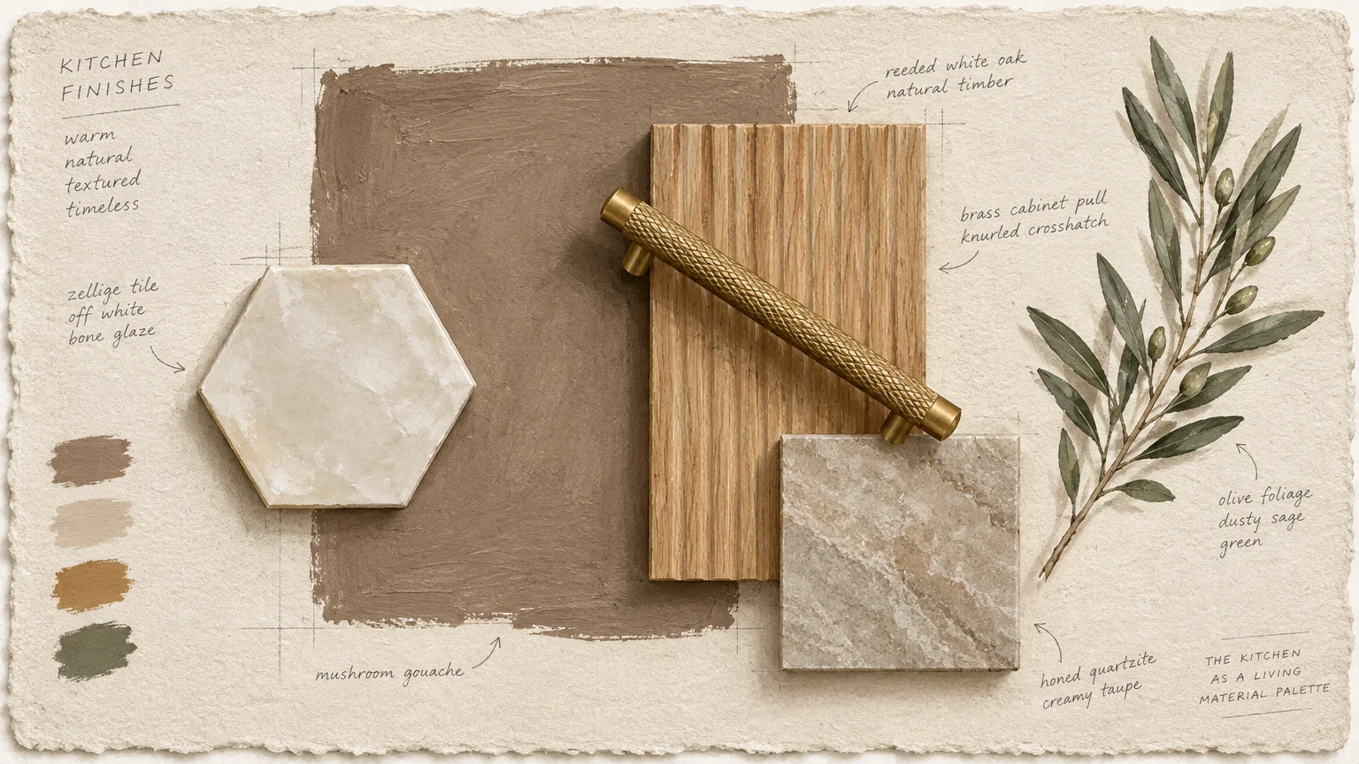 Kitchen finish mood board featuring a mushroom paint swatch, reeded wood, brass cabinet pull, tile, and stone sample.