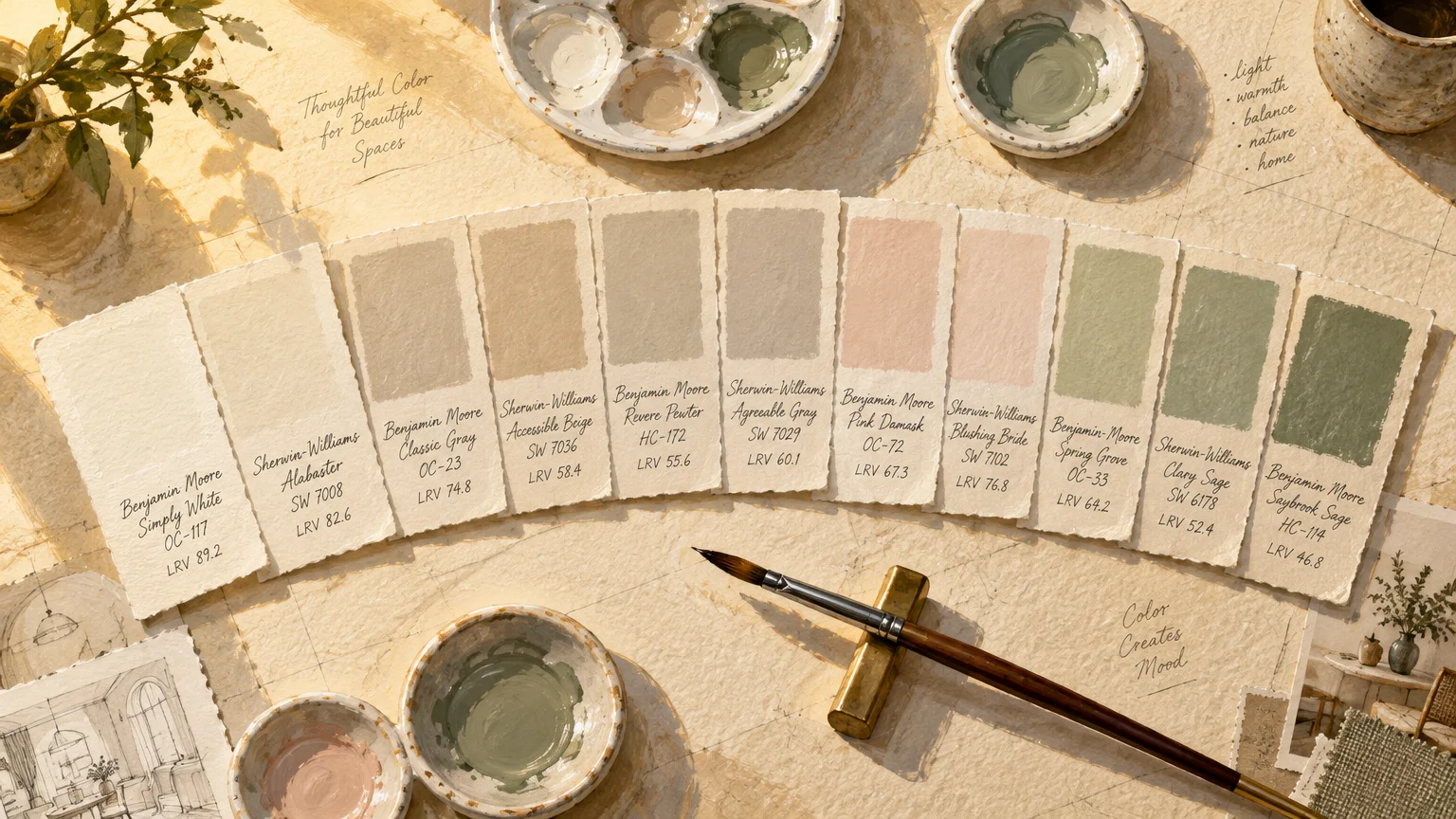 Paint swatches arranged in an arc alongside paint dishes and a brush on a textured artist's desk.