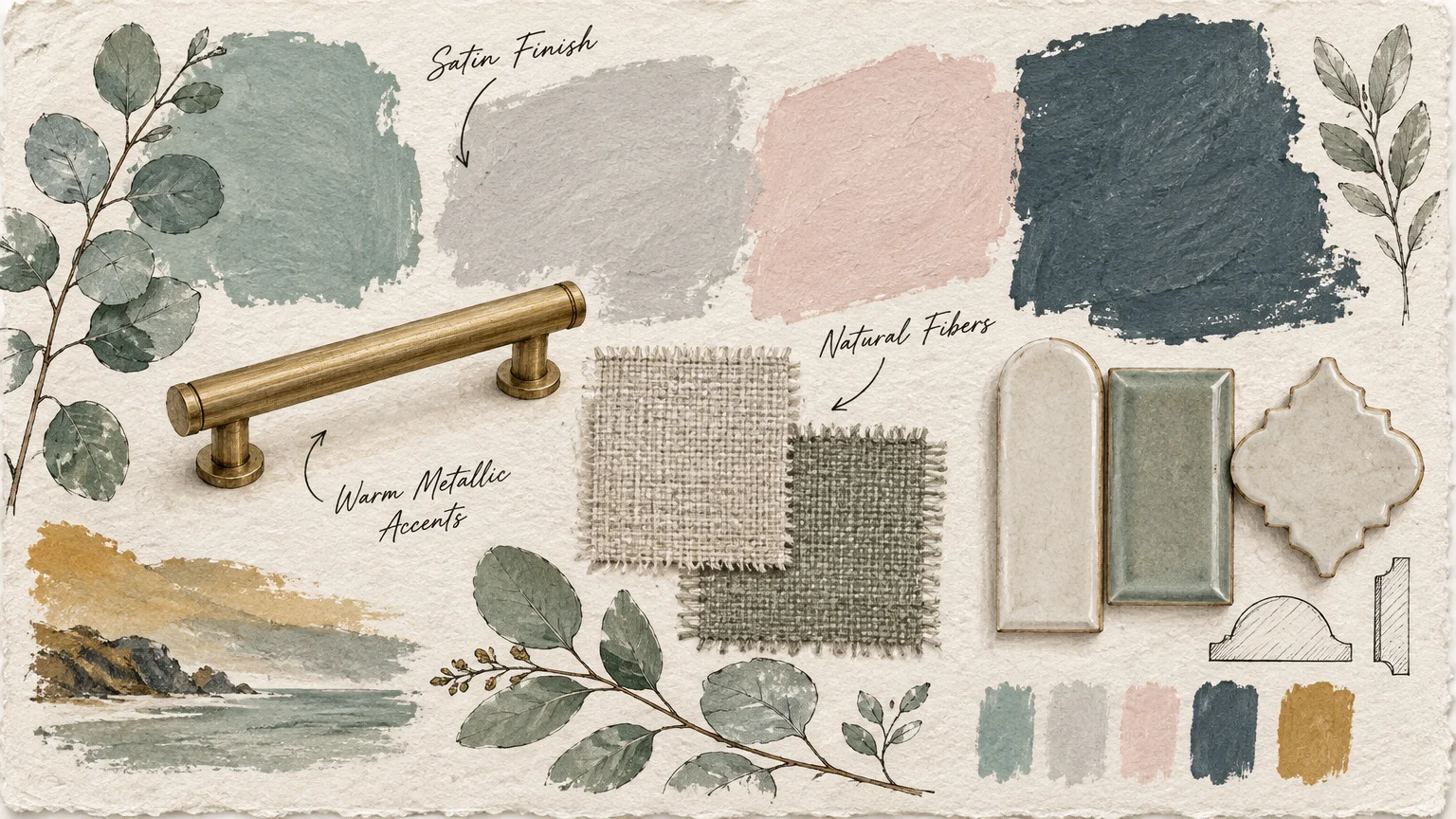 A mood board with textured paint swatches, brass hardware, woven fabric samples, ceramic tiles, and botanical illustrations.