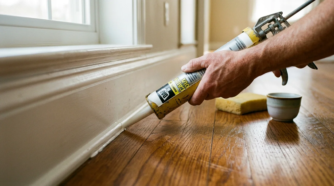 A person using a caulking gun to apply white sealant along a baseboard on hardwood floors.