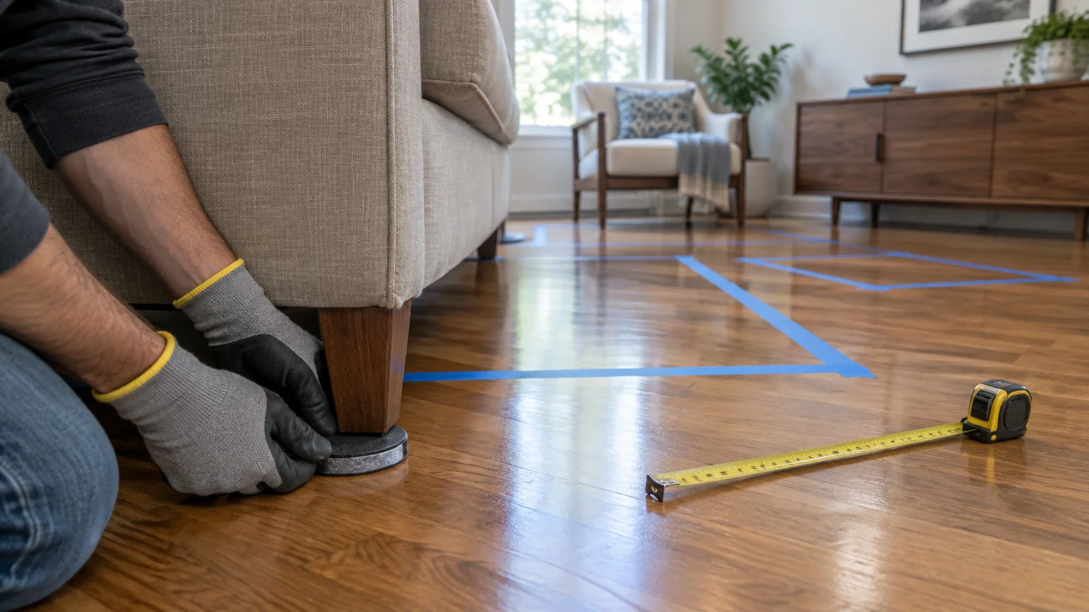 Person placing a slider under a sofa leg on hardwood flooring mapped with blue painter's tape outlines.