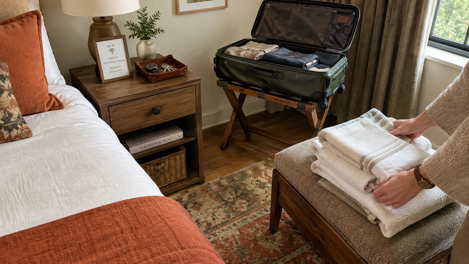 Guest bedroom with towels placed on a bench, an open suitcase on a stand, and a nightstand with a Wi-Fi sign.