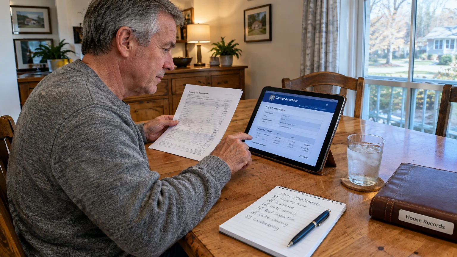 A man seated at a wooden dining table compares a property tax assessment paper with records on a tablet.