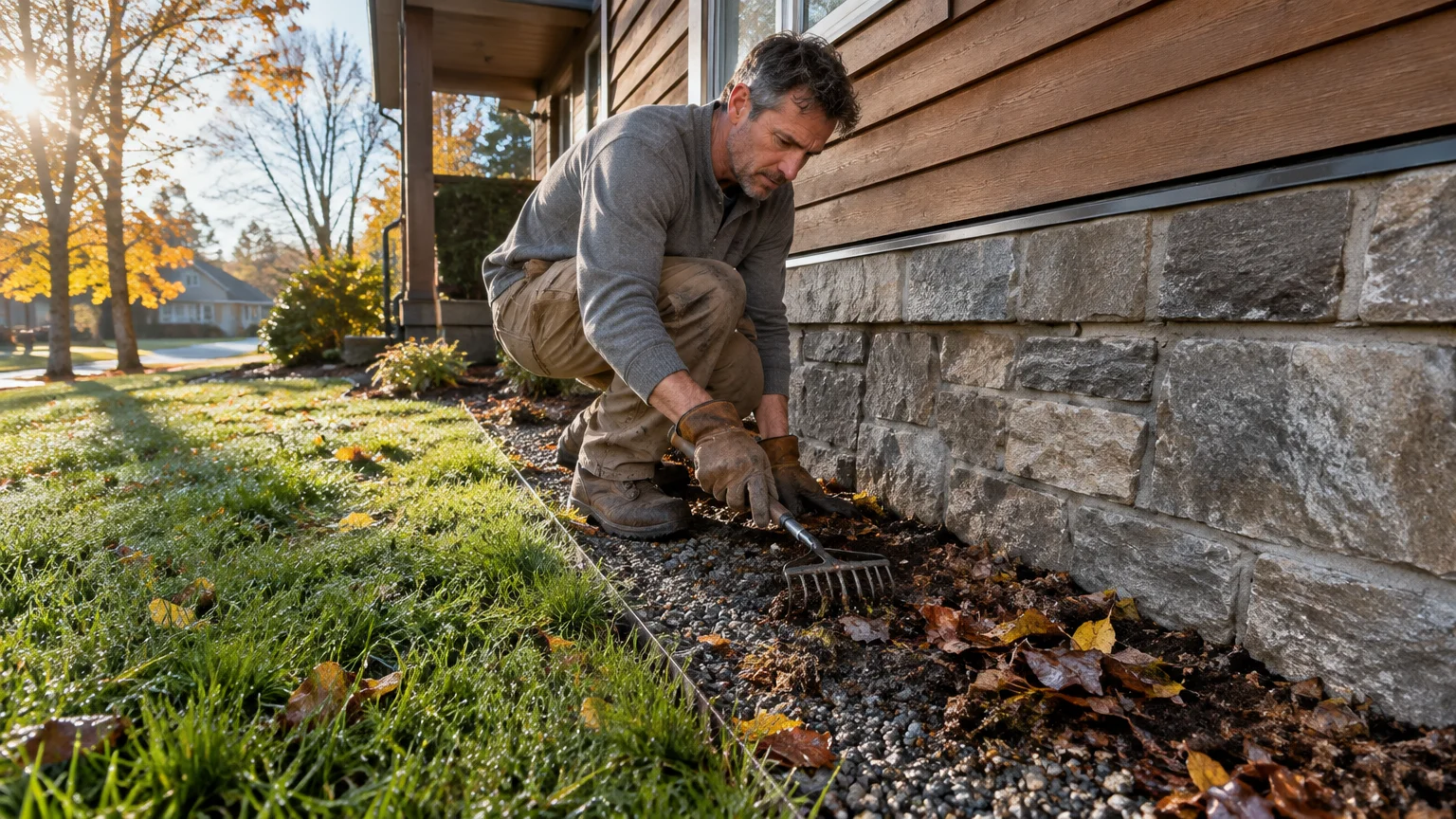 A man crouches outside a house, using a small hand rake to clear fallen leaves from a gravel border along a stone foundation.