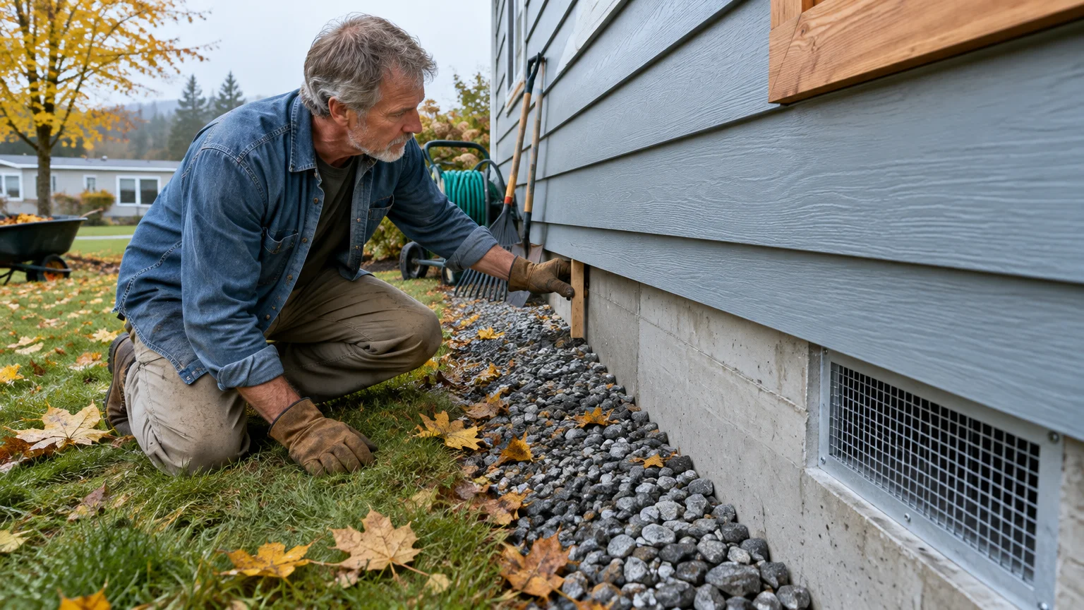 A man kneeling on grass inspects the concrete foundation and siding of a blue modular house in autumn.