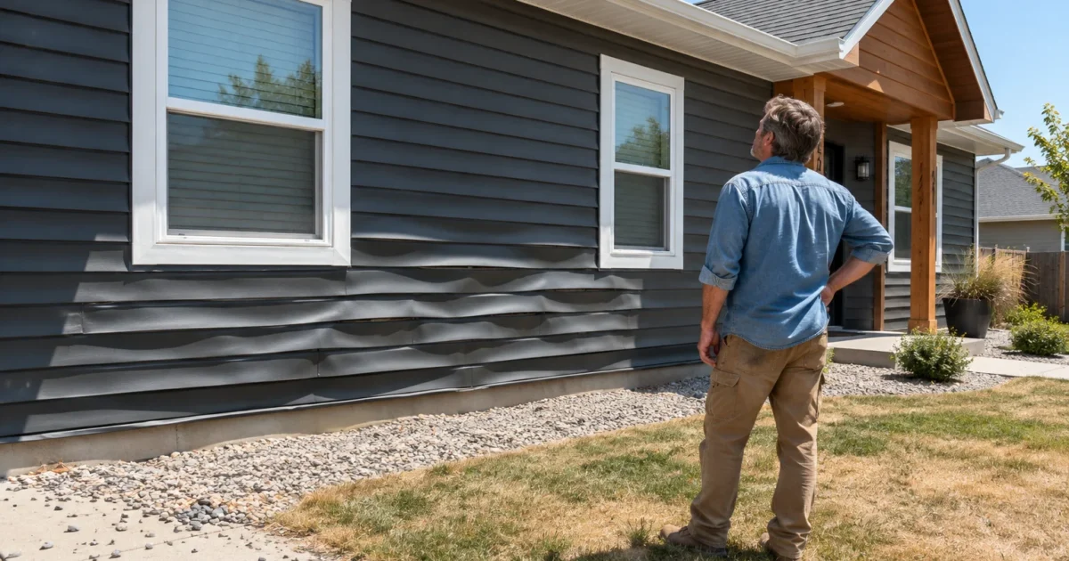 A man standing on a lawn inspecting warped and melted dark siding on the exterior wall of a house.