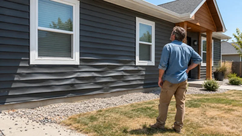 A man standing on a lawn inspecting warped and melted dark siding on the exterior wall of a house.