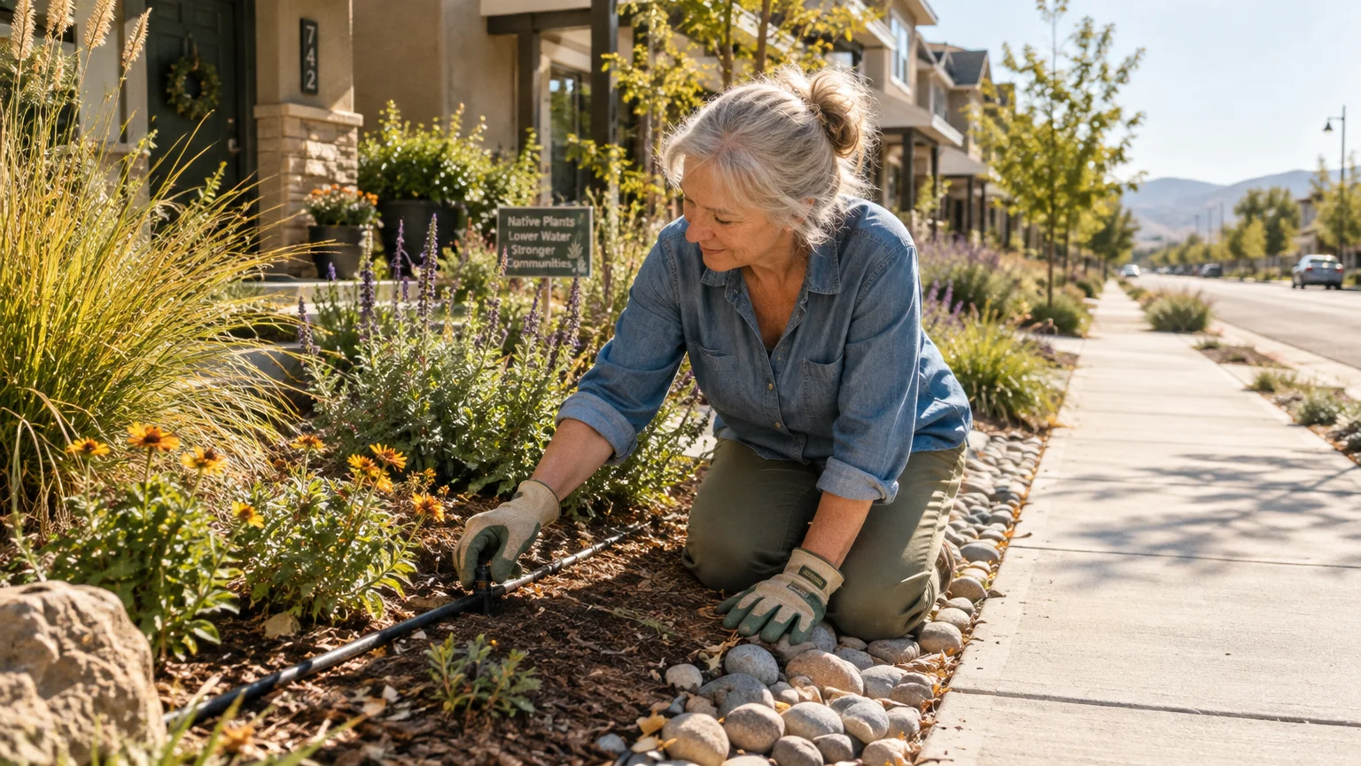 A woman kneels in a flower bed beside a sidewalk, adjusting a drip irrigation line near native plants and townhouses.