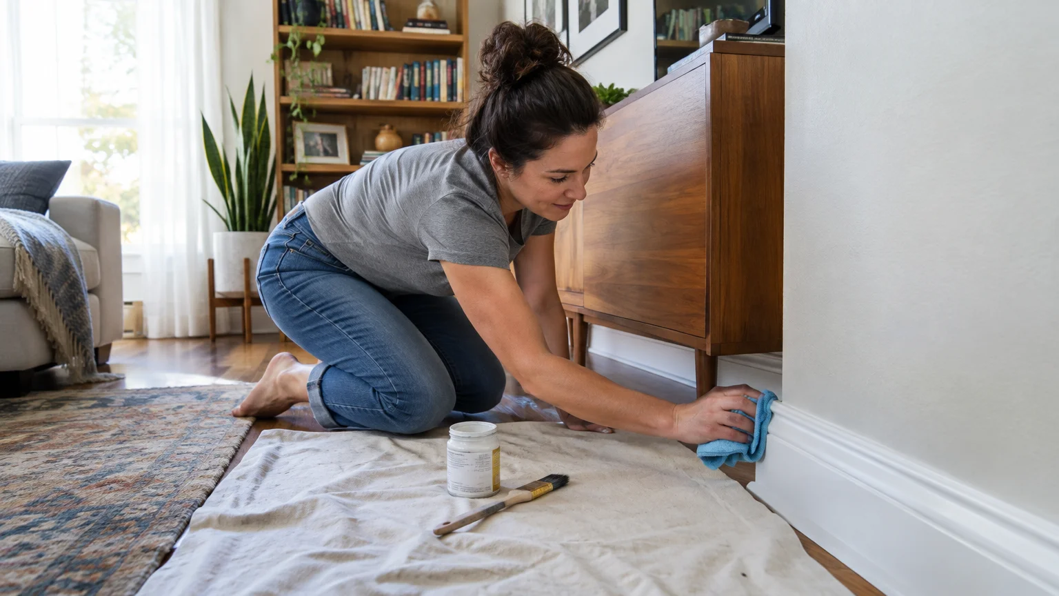 A woman kneels on a drop cloth wiping a white baseboard with a blue cloth beside a paint jar and brush.