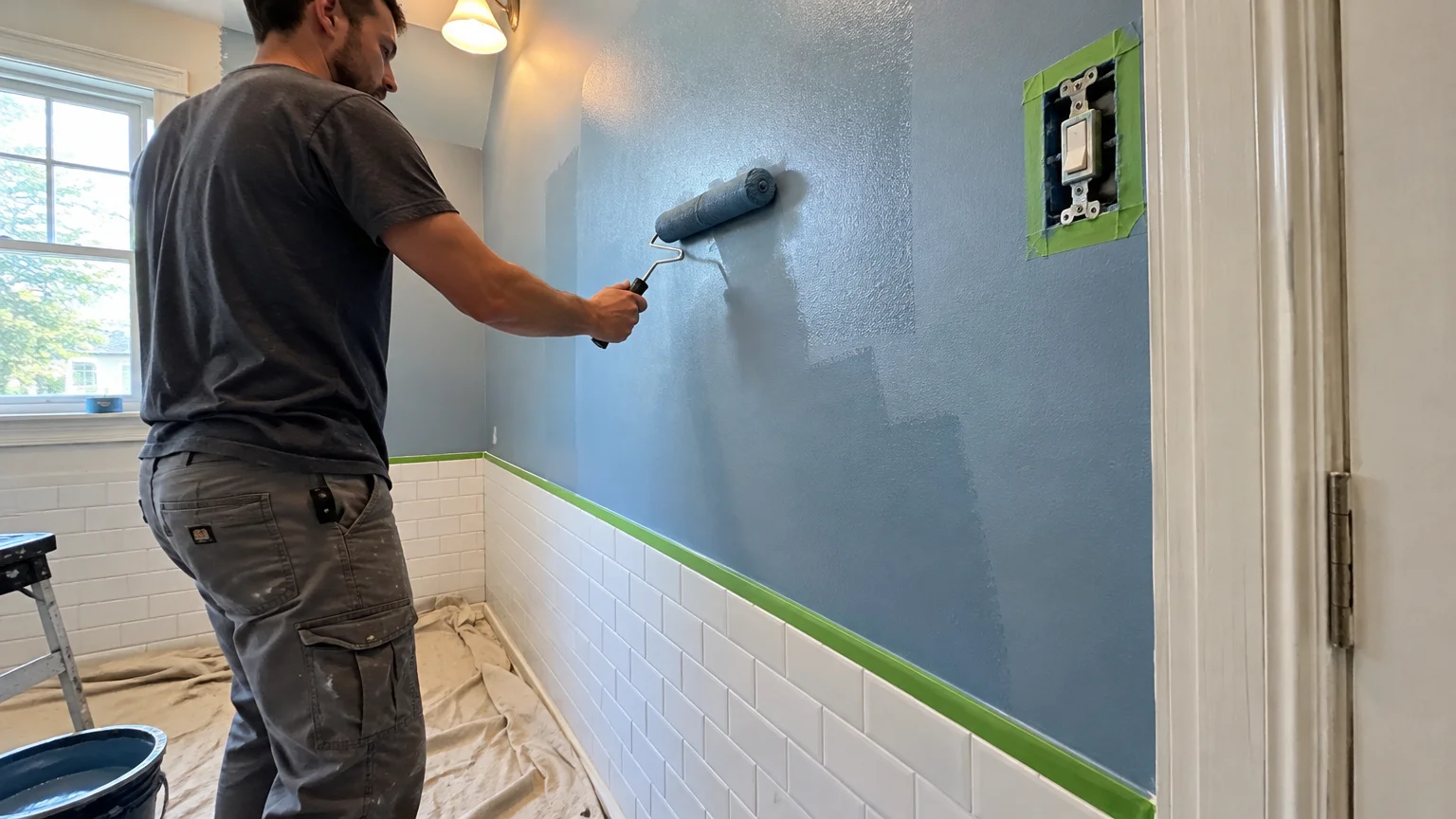 A man rolls blue paint onto a bathroom wall above white subway tile edged with green painter's tape.
