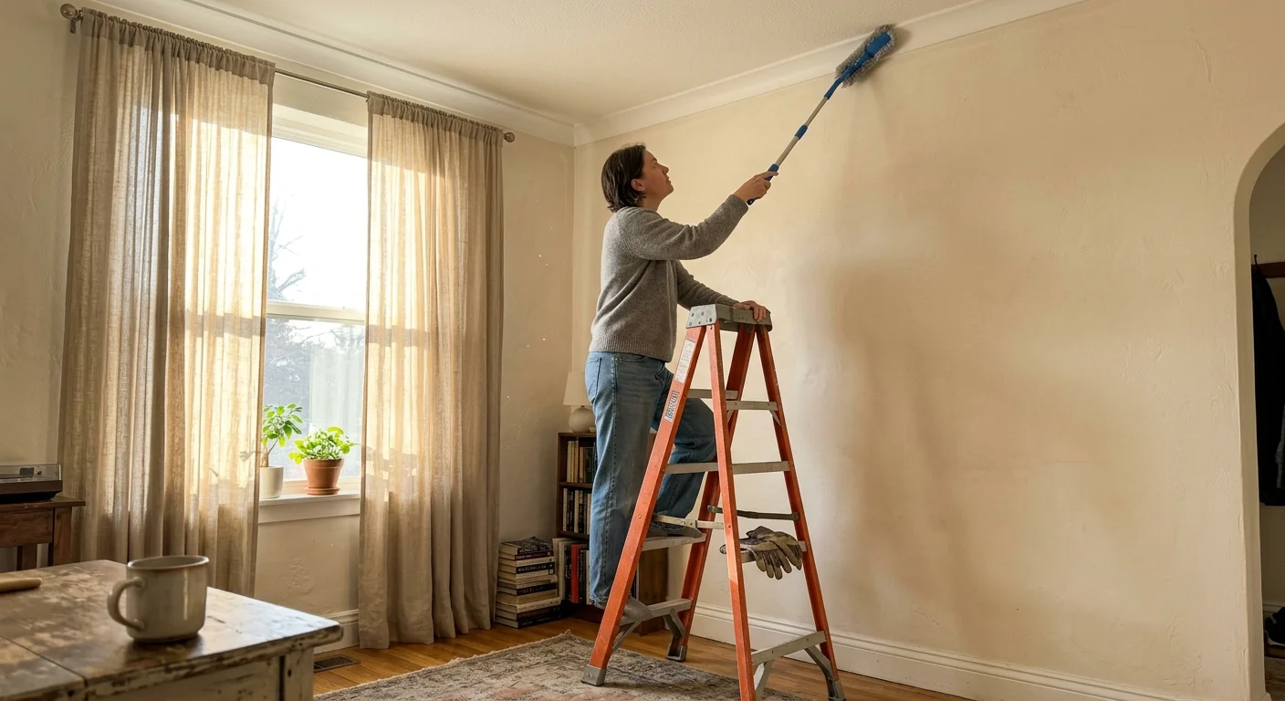 A person on an orange stepladder reaches up with an extendable duster to clean crown molding along a room's ceiling.