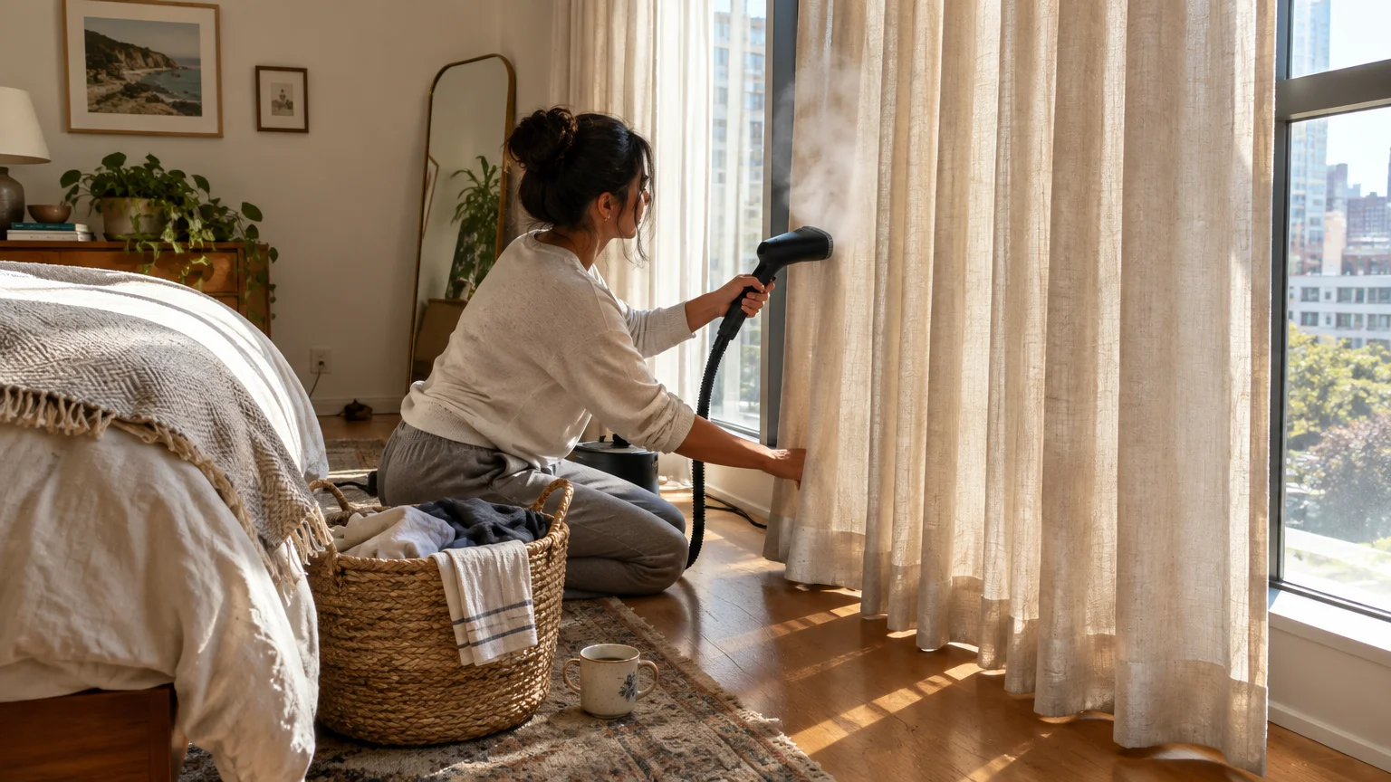 A woman kneels on the floor of a sunlit bedroom, using a handheld steamer on tall beige window curtains.